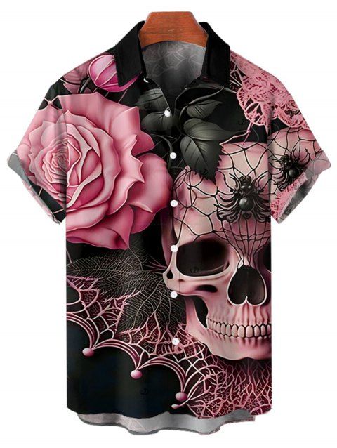 Chemise gothique à manches courtes et boutons pour homme, motif tête de mort, toile d'araignée, rose et feuilles, style vacances