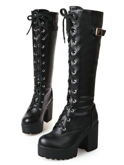 Solid Color Buckle Strap Lace Up Thick Platform Vintage Knee-high Boots
