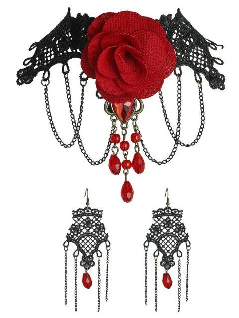 Accessoires gothiques pour Halloween Ensemble ras du cou en dentelle avec chaîne en rose et boucles d'oreilles à pompons