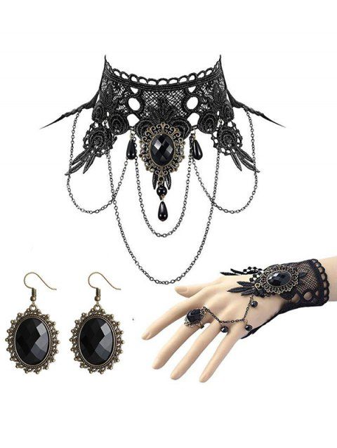 Accessoires de style vintage en dentelle avec pierres précieuses artificielles, bracelet ras du cou avec bague et boucles d'oreilles, ensemble gothique