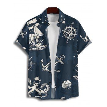 Vacation Couple Outfit for Beach Anchor Octopus Print Spaghetti Strap Mini Dress and Shirt Set