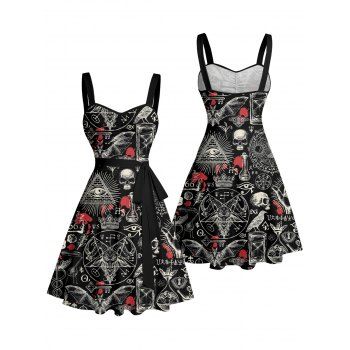Gothic Dress for Halloween Bat Skulls Printed Ruched Bust Mini Belt Dress
