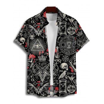 Gothic Couple Outfit Bat Skulls Printed Ruched Bust Mini Belt Dress and Shirt Set for Halloween