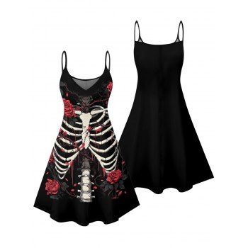 Skull Rose Print Gothic Dress Spaghetti Strap Mini Dress for Halloween