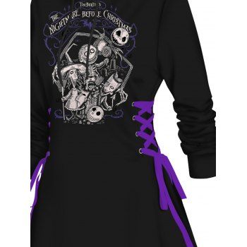 Gothic Hoodie Dress for Halloween Skulls Letter Print Lace Up Drawstrings Mini Dress
