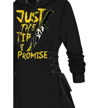 Gothic Hoodie Dress Skulls Knife Slogan Print Lace Up Drawstrings Mini Dress for Halloween