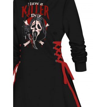 Gothic Hoodie Dress Skulls Letter Knife Print Drawstrings Lace Up Mini Dress for Halloween