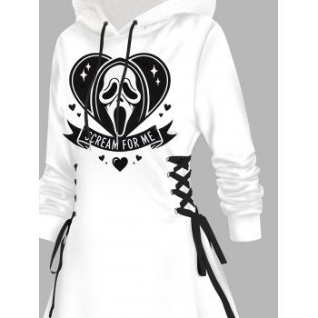 Gothic Hoodie Dress Ghost Letter Heart Print Lace Up Drawstrings Mini Dress for Halloween