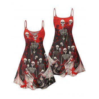 Shirt Skulls Skeleton Blood Print Gothic Dress Spaghetti Strap Mini Dress for Halloween