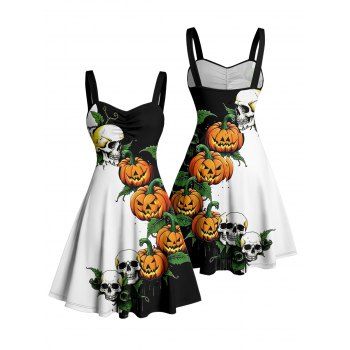 Colorblock Gothic Dress for Halloween Skulls Pumpkin Leaf Print Ruched Bust Mini Dress