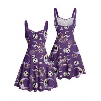 Gothic Dress for Halloween Skulls Skeleton Moon Print Ruched Bust Mini Dress