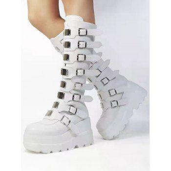 Buckle Strap Back Zipper Thick Platform Punk Style Knee-high Boots