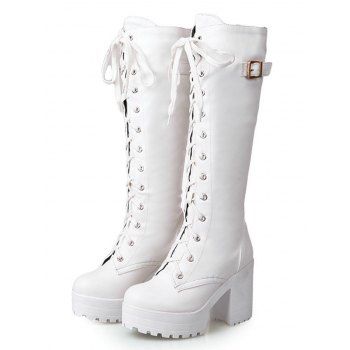 Solid Color Buckle Strap Lace Up Thick Platform Vintage Knee-high Boots