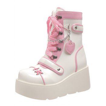 Colorblock Heart Chain Embellishment Lace Up Side Zipper Thick Platform Punk Style Boots