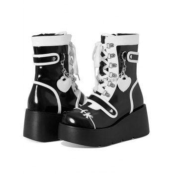 Colorblock Heart Chain Embellishment Lace Up Side Zipper Thick Platform Punk Style Boots
