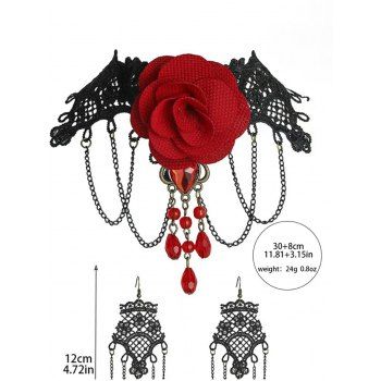 Gothic Accessories for Halloween Rose Chain Artificial Gem Lace Choker and Tassel Earrings Set
