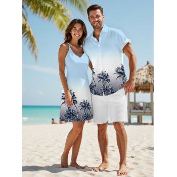 Vacation Couple Outfit Ombre Coconut Tree Pattern Spaghetti Strap V Neck A Line Mini Tank Dress and Button Up Shirt Beach Matching Outfit