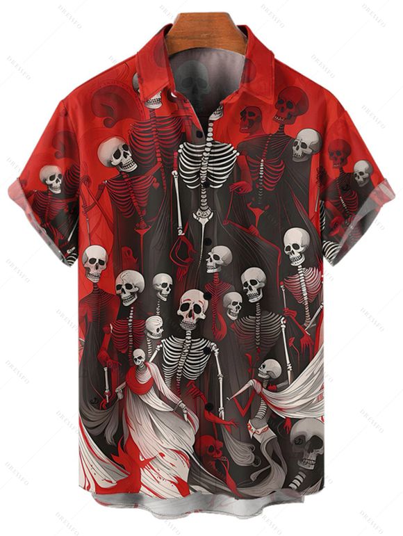 Chemise boutonnée gothique pour homme, motif crânes, squelette et sang, pour Halloween - Rouge foncé 5XL