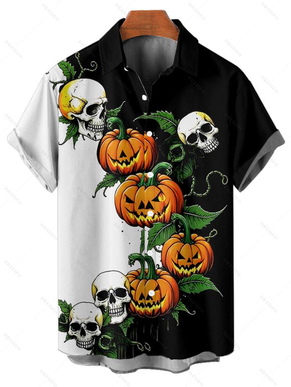 Chemise gothique pour homme pour Halloween, imprimé citrouille et crâne, à boutons colorblock - Noir L