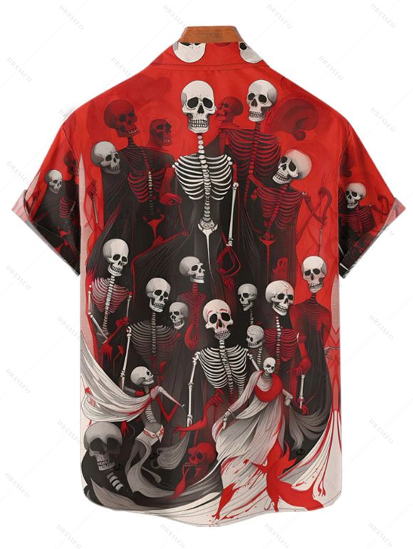 Chemise boutonnée gothique pour homme, motif crânes, squelette et sang, pour Halloween - Rouge foncé 4XL