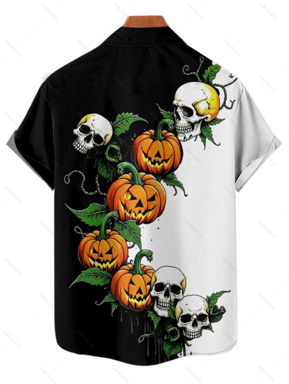 Chemise gothique pour homme pour Halloween, imprimé citrouille et crâne, à boutons colorblock - Noir 4XL