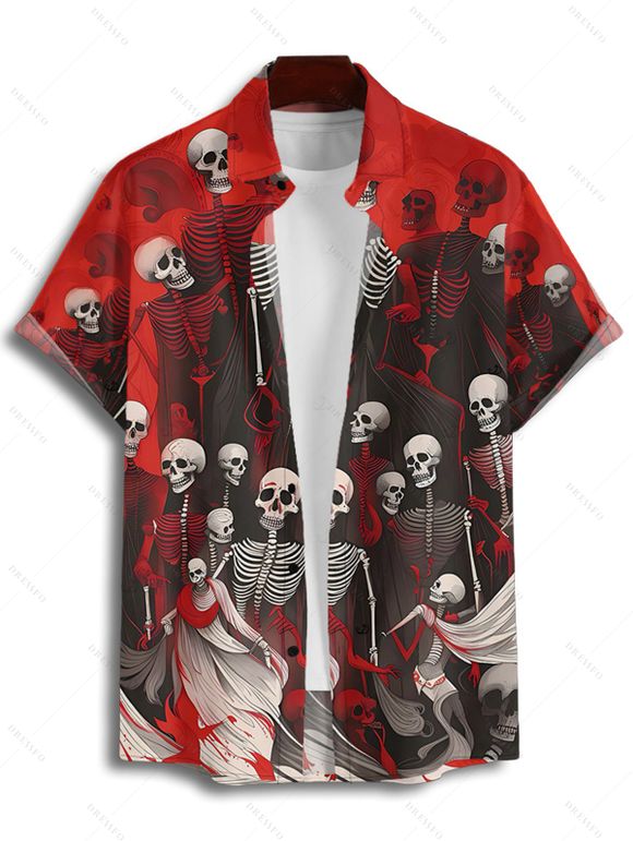 Chemise boutonnée gothique pour homme, motif crânes, squelette et sang, pour Halloween - Rouge foncé 4XL