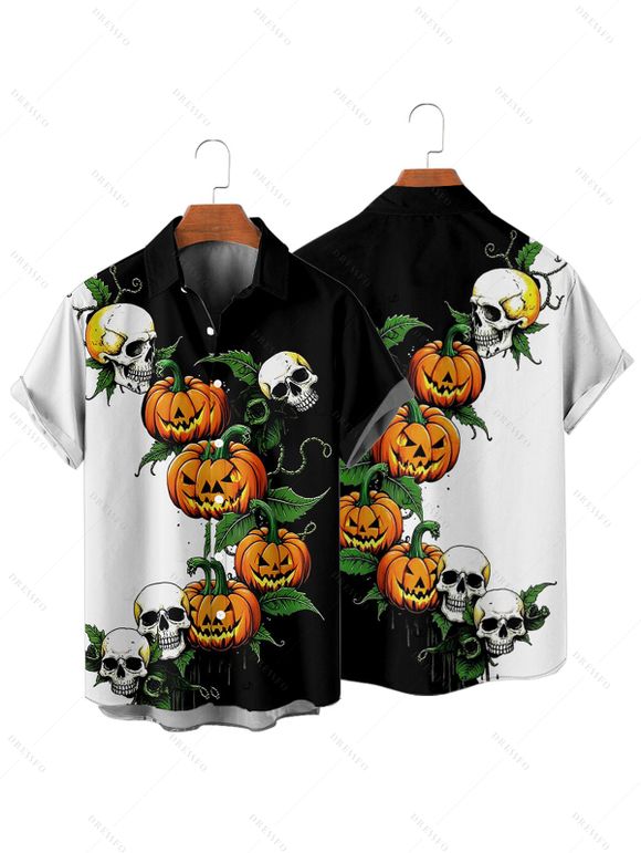 Chemise gothique pour homme pour Halloween, imprimé citrouille et crâne, à boutons colorblock - Noir 4XL