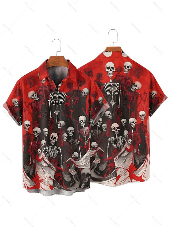 Chemise boutonnée gothique pour homme, motif crânes, squelette et sang, pour Halloween - Rouge foncé 4XL