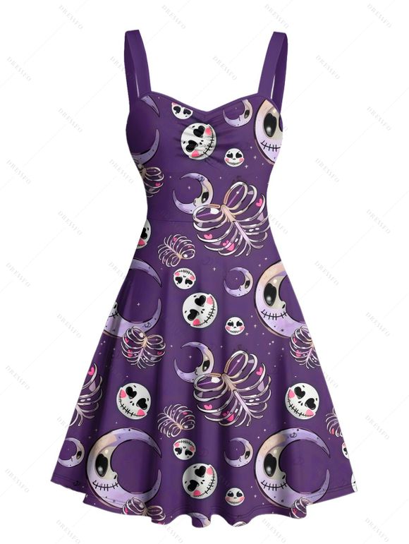 Robe gothique pour Halloween, mini-robe froncée à imprimé crânes, squelette et lune - Concorde S | US 4