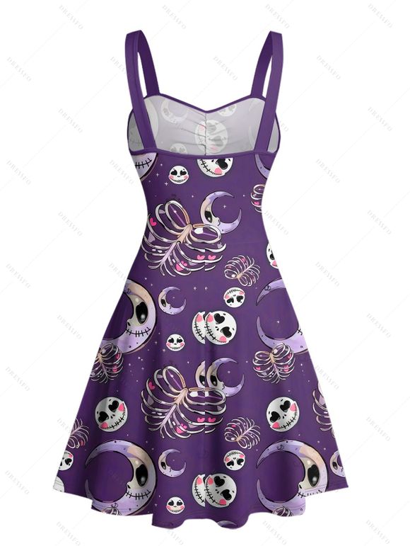 Robe gothique pour Halloween, mini-robe froncée à imprimé crânes, squelette et lune - Concorde S | US 4
