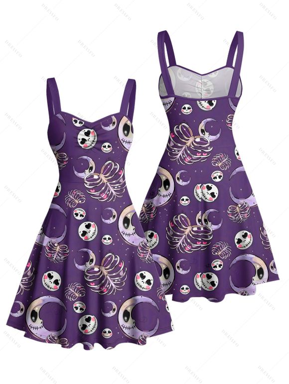Robe gothique pour Halloween, mini-robe froncée à imprimé crânes, squelette et lune - Concorde S | US 4