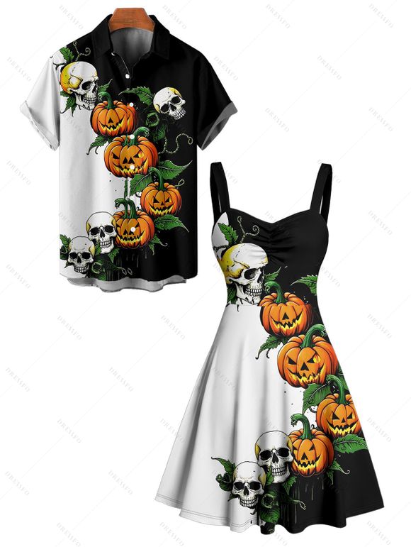 Gothic Couple Outfit for Halloween Colorblock Skulls Pumpkin Leaf Print Mini Dress and Shirt Set - Noir S | US 4