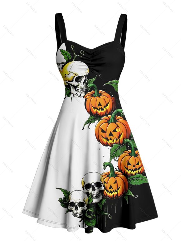 Robe gothique colorblock pour Halloween, mini-robe froncée à imprimé feuilles de citrouille et crânes - Noir S | US 4