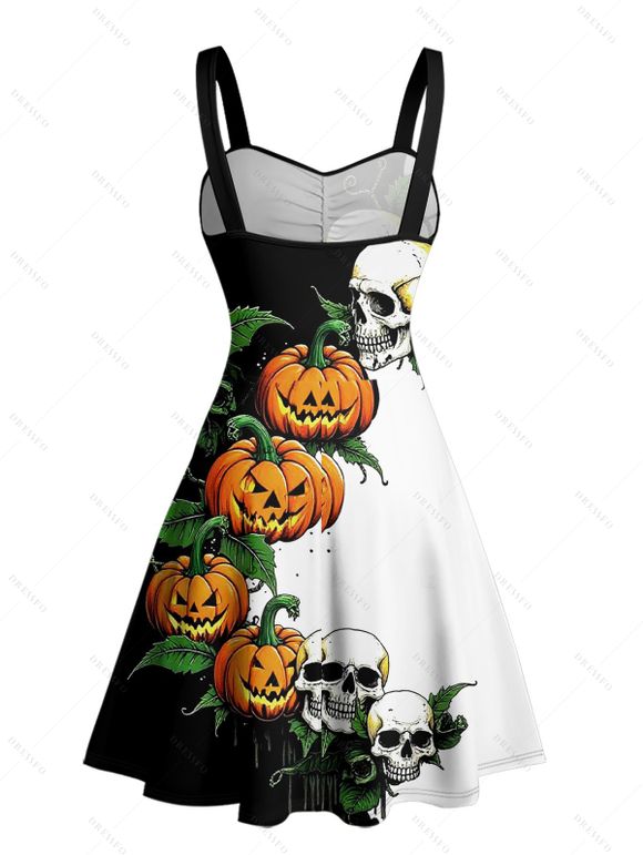 Robe gothique colorblock pour Halloween, mini-robe froncée à imprimé feuilles de citrouille et crânes - Noir S | US 4