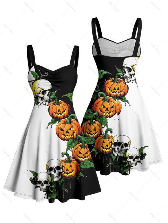 Gothic Couple Outfit for Halloween Colorblock Skulls Pumpkin Leaf Print Mini Dress and Shirt Set - Noir S | US 4