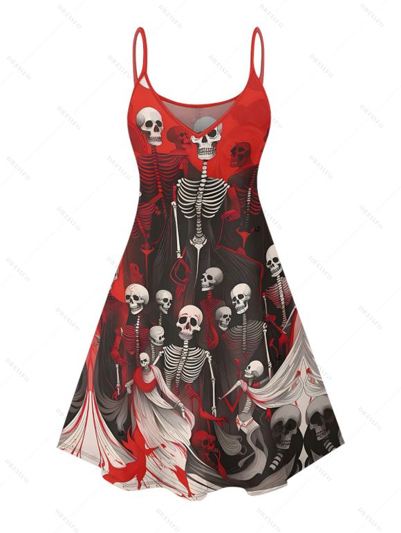 Robe gothique à bretelles spaghetti, imprimé squelette et sang, mini-robe pour Halloween - Rouge foncé S | US 4