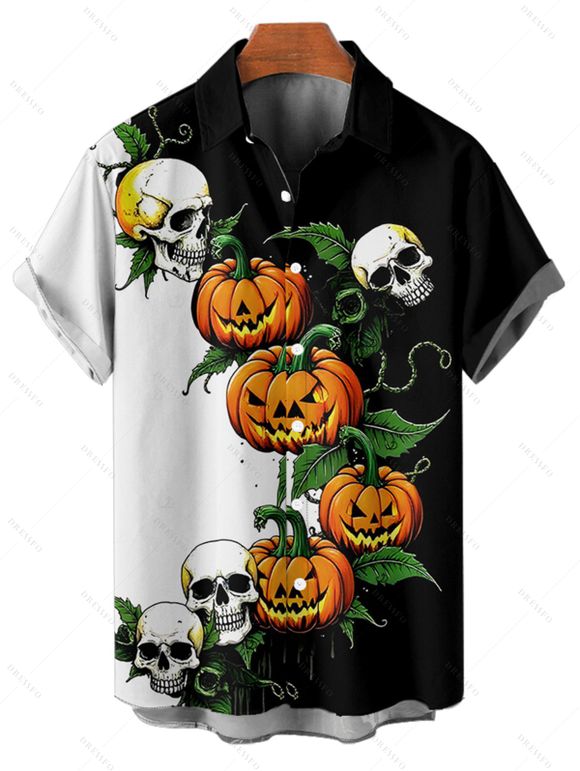Gothic Couple Outfit for Halloween Colorblock Skulls Pumpkin Leaf Print Mini Dress and Shirt Set - Noir S | US 4