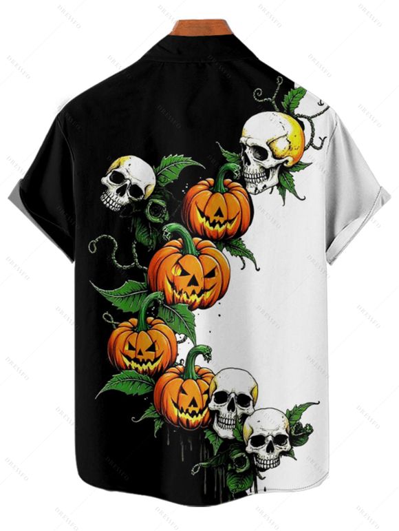 Gothic Couple Outfit for Halloween Colorblock Skulls Pumpkin Leaf Print Mini Dress and Shirt Set - Noir S | US 4
