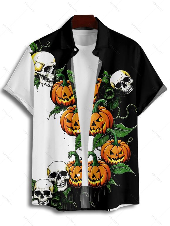 Gothic Couple Outfit for Halloween Colorblock Skulls Pumpkin Leaf Print Mini Dress and Shirt Set - Noir S | US 4
