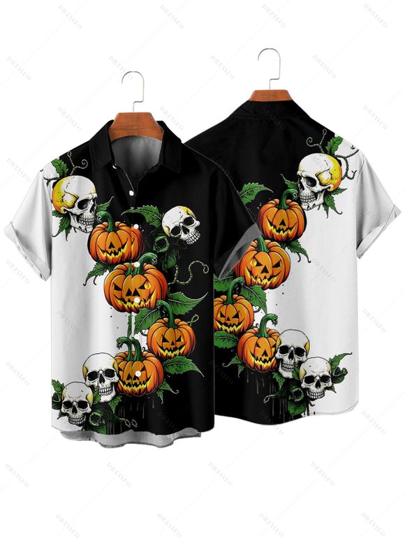 Gothic Couple Outfit for Halloween Colorblock Skulls Pumpkin Leaf Print Mini Dress and Shirt Set - Noir S | US 4