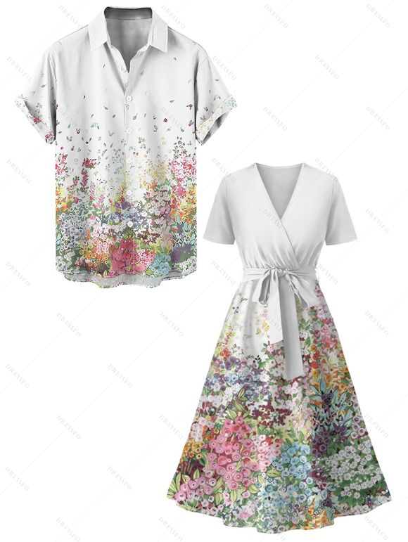 Vacation Couple Outfit Flower Petal Print Midi Belt Dress and Shirt Matching Set - Blanc S | US 4