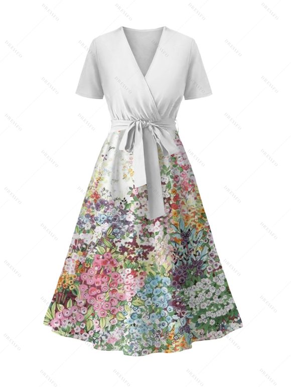Vacation Couple Outfit Flower Petal Print Midi Belt Dress and Shirt Matching Set - Blanc S | US 4
