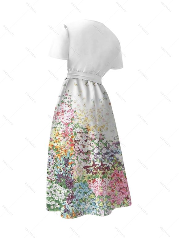 Vacation Couple Outfit Flower Petal Print Midi Belt Dress and Shirt Matching Set - Blanc S | US 4
