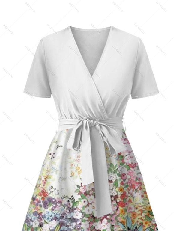Vacation Couple Outfit Flower Petal Print Midi Belt Dress and Shirt Matching Set - Blanc S | US 4