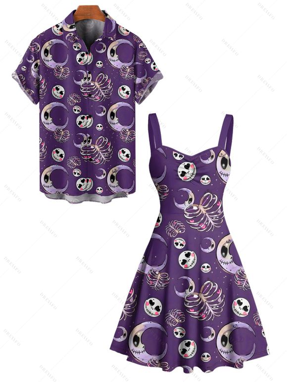 Gothic Couple Outfit for Halloween Skulls Skeleton Moon Print Mini Dress and Shirt Set - Concorde S | US 4