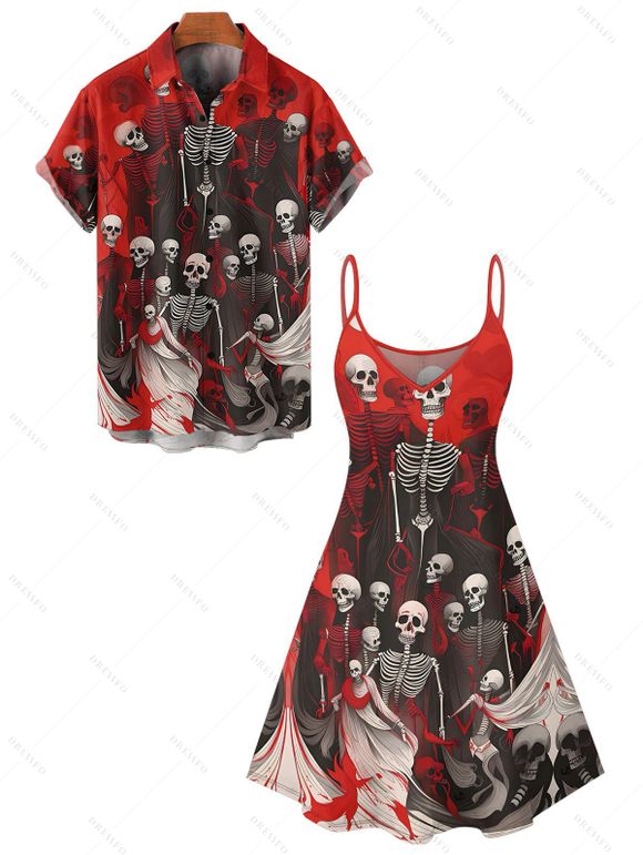 Gothic Couple Outfit for Halloween Skulls Skeleton Blood Print Spaghetti Strap Mini Dress and Shirt Set - Rouge foncé S | US 4