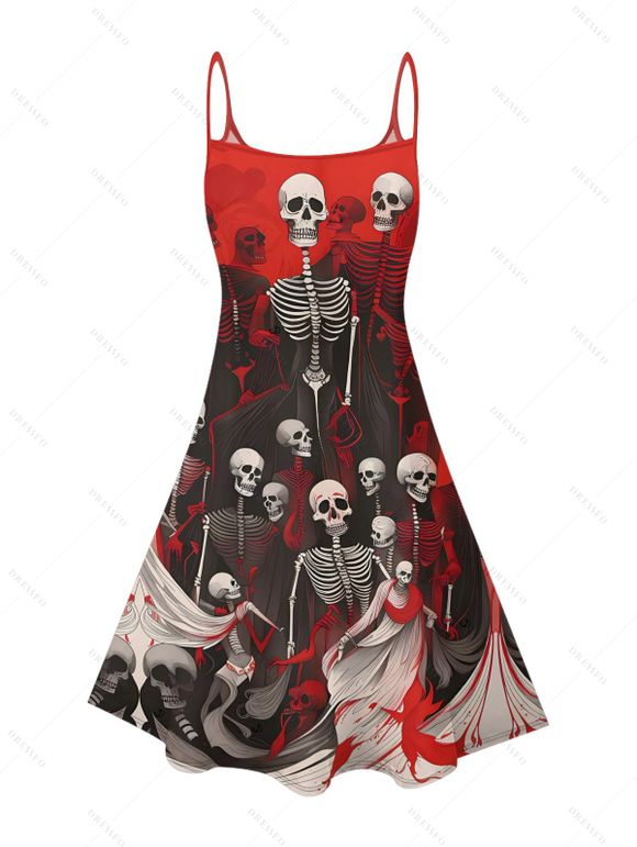 Gothic Couple Outfit for Halloween Skulls Skeleton Blood Print Spaghetti Strap Mini Dress and Shirt Set - Rouge foncé S | US 4