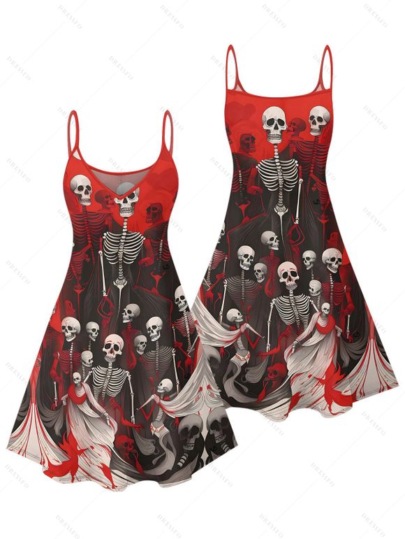 Gothic Couple Outfit for Halloween Skulls Skeleton Blood Print Spaghetti Strap Mini Dress and Shirt Set - Rouge foncé S | US 4