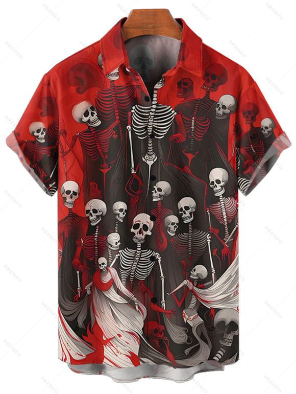 Gothic Couple Outfit for Halloween Skulls Skeleton Blood Print Spaghetti Strap Mini Dress and Shirt Set - Rouge foncé S | US 4