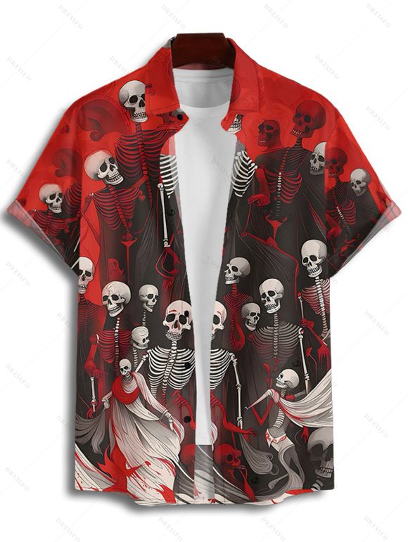 Gothic Couple Outfit for Halloween Skulls Skeleton Blood Print Spaghetti Strap Mini Dress and Shirt Set - Rouge foncé S | US 4